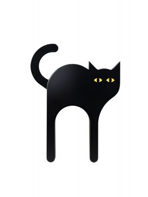 Schwarze Tecta Katze Holzfigur mit gelben Augen, moderne Dekoration für Katzenliebhaber.